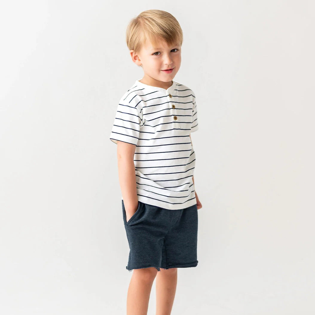 Kid's Stripe Short Sleeve Henley, White/Navy
