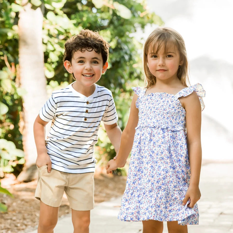 Kid's Stripe Short Sleeve Henley, White/Navy