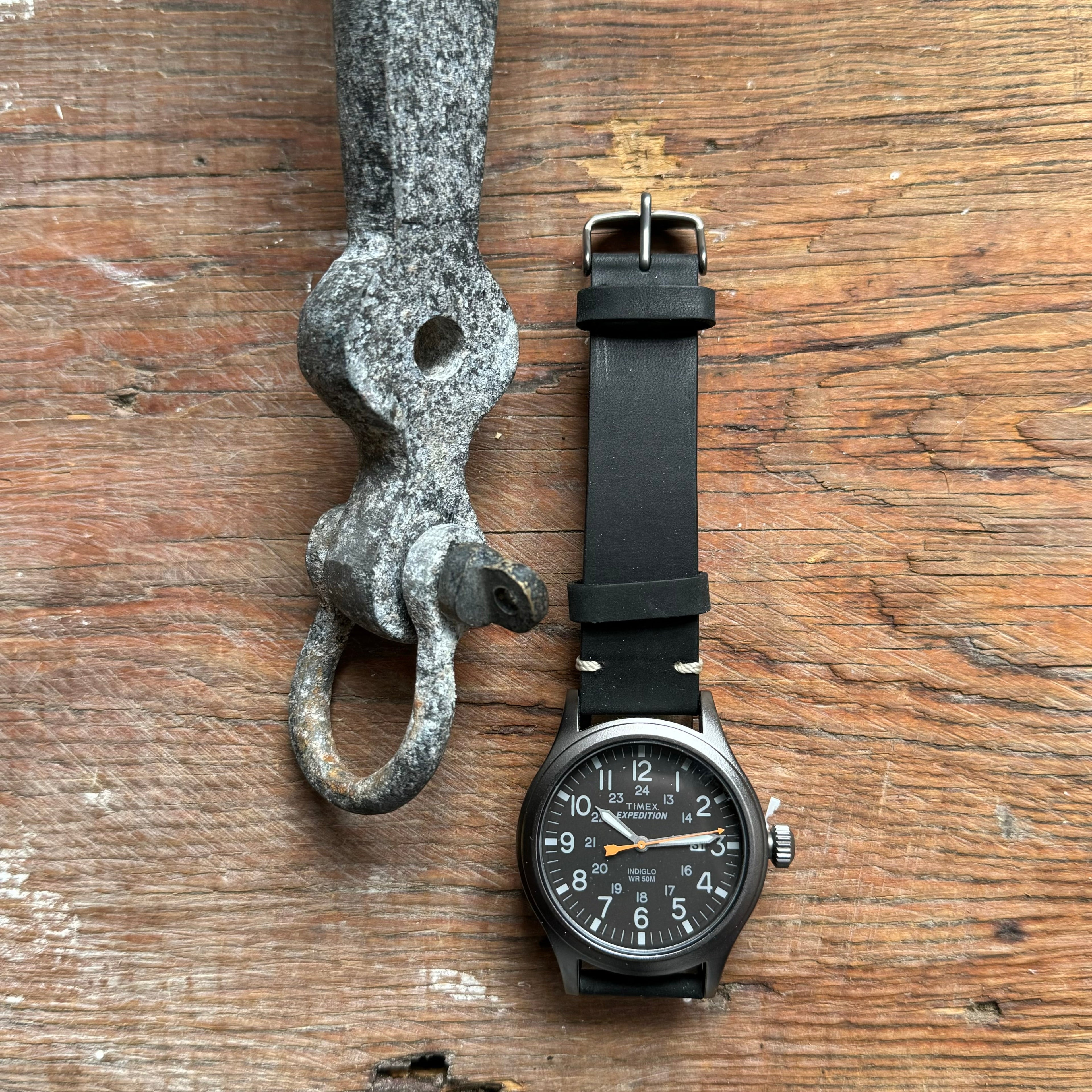 Expedition 40mm Leather Strap Watch, Matte Black