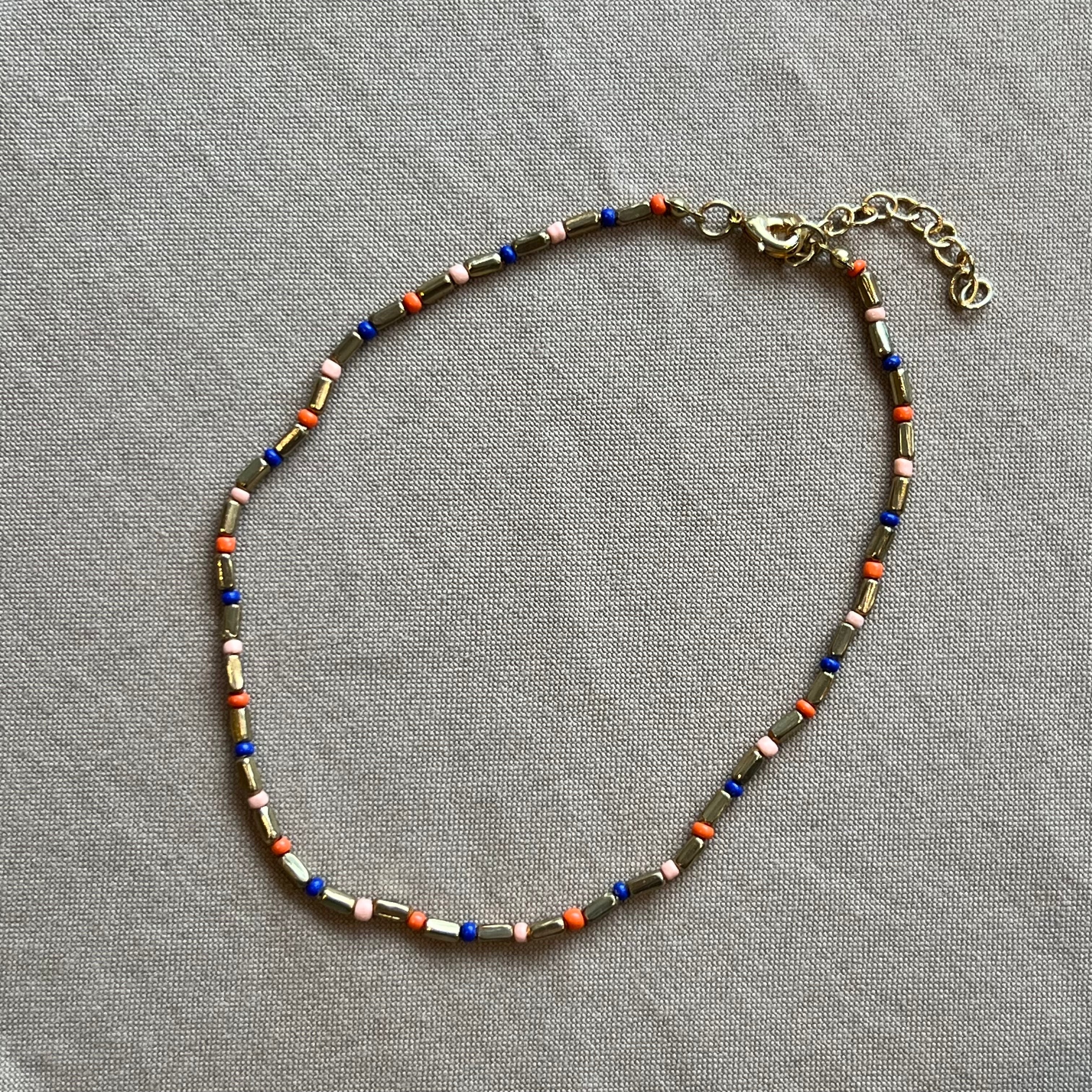 Brass Beaded Necklace, Lapis/Pink