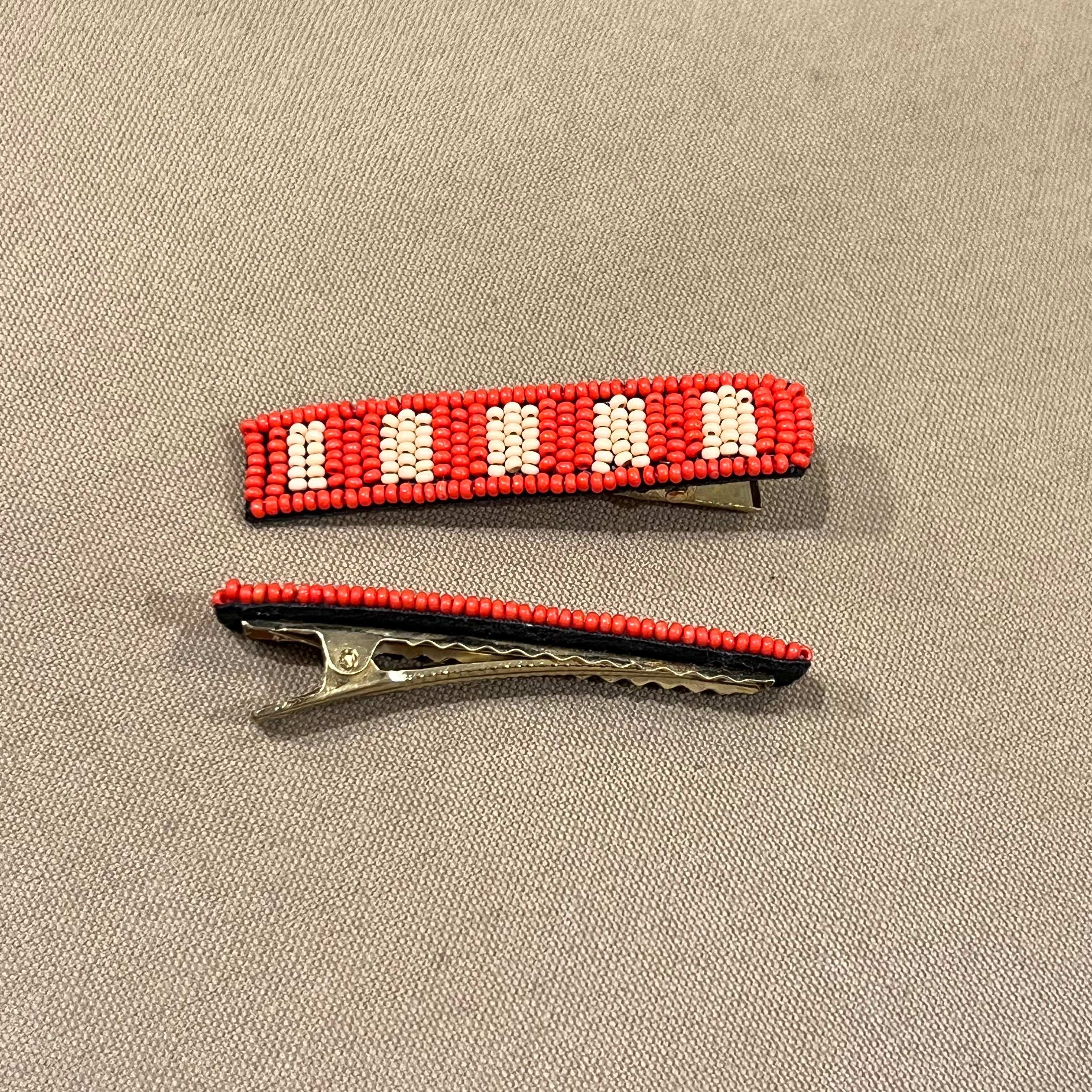 Anna Two-Tone Striped Beaded 2-Pack Hair Clips, Poppy