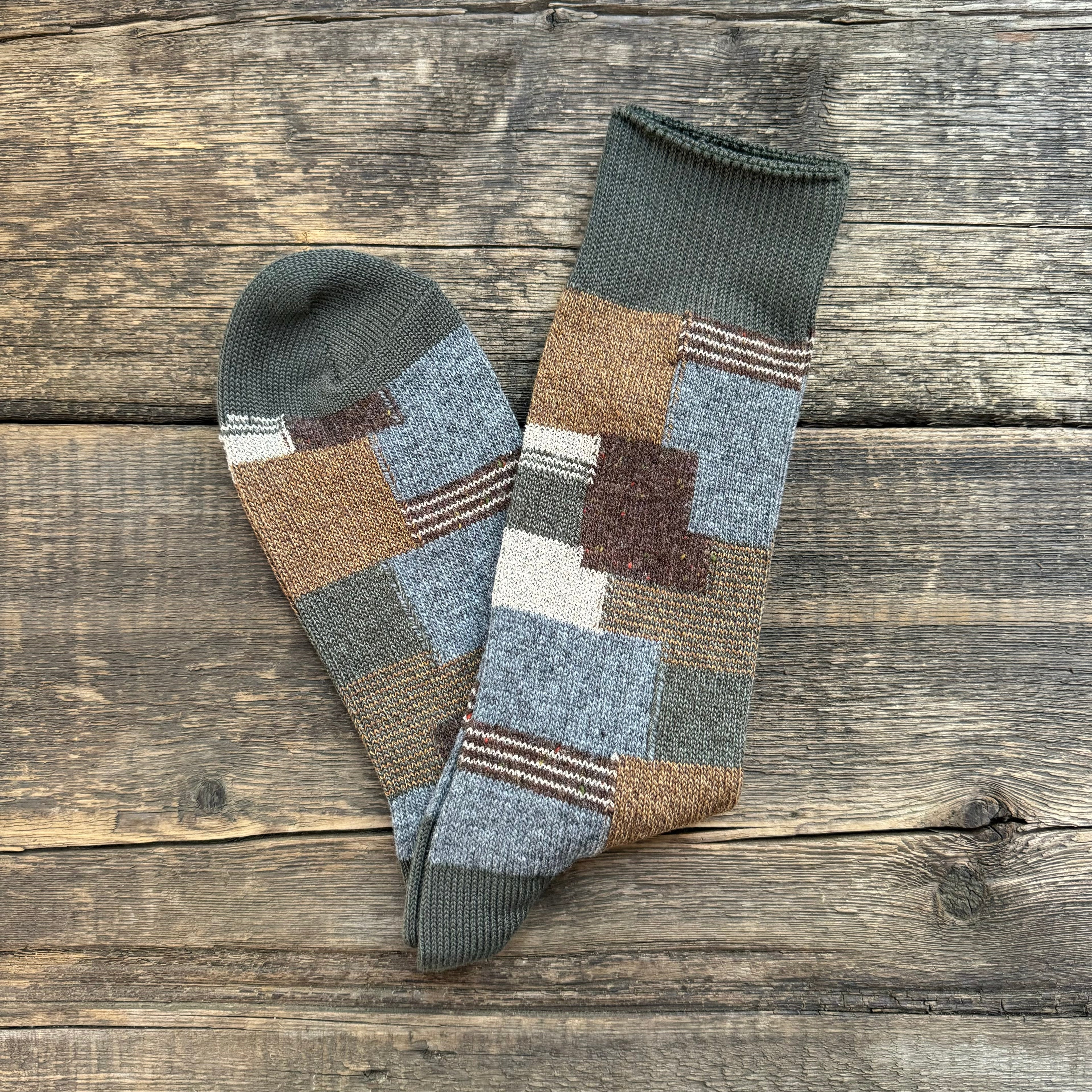 Patchwork Crew Socks, Khaki