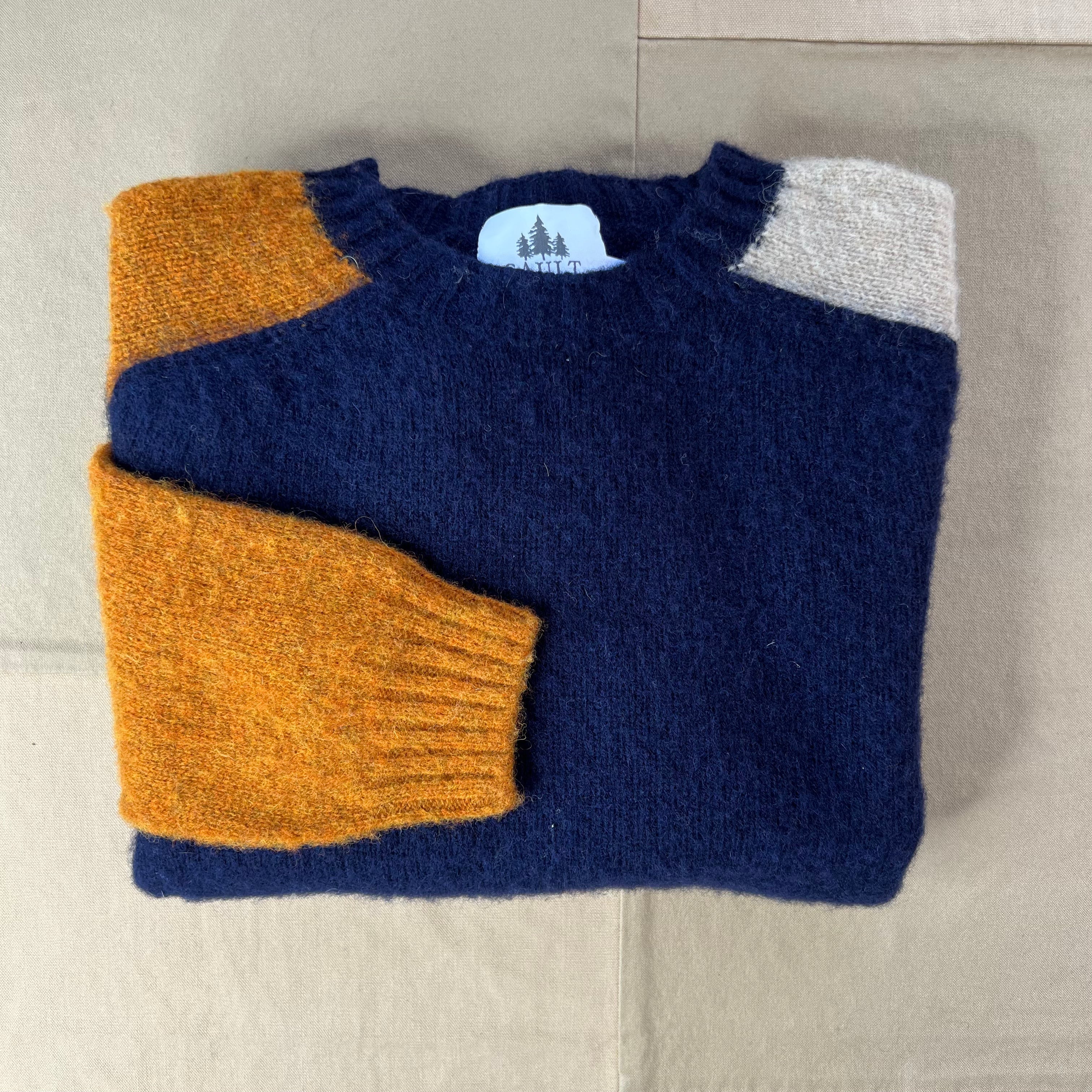 3-Tone Brushed Crewneck Sweater, Amber/Navy/Cameo