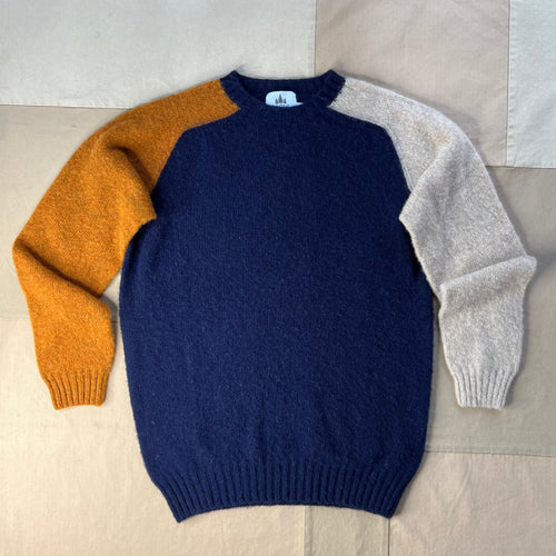3-Tone Brushed Crewneck Sweater, Amber/Navy/Cameo