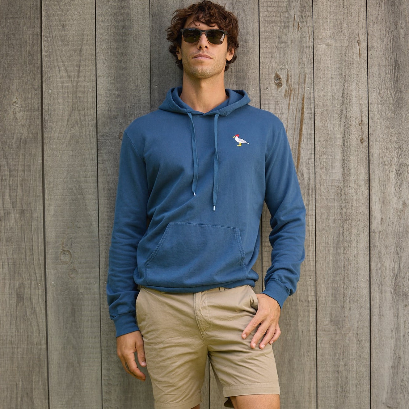 Embroidered Seagull Pullover Hoodie, Blue Steel￼