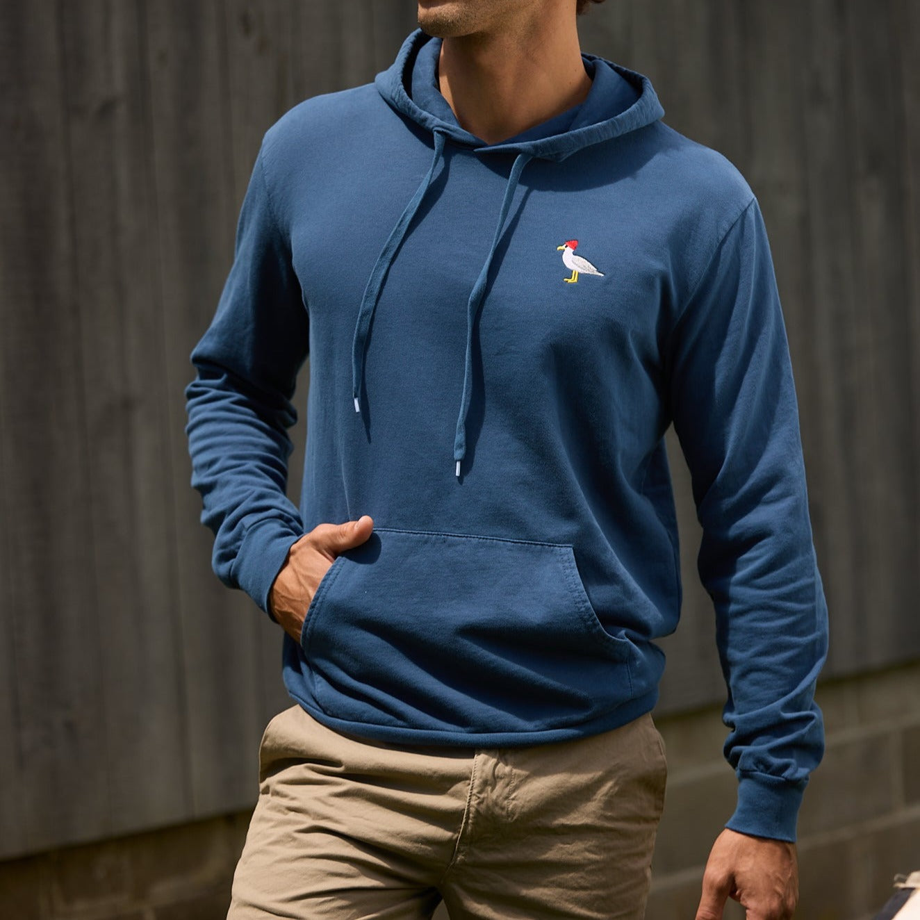 Embroidered Seagull Pullover Hoodie, Blue Steel￼